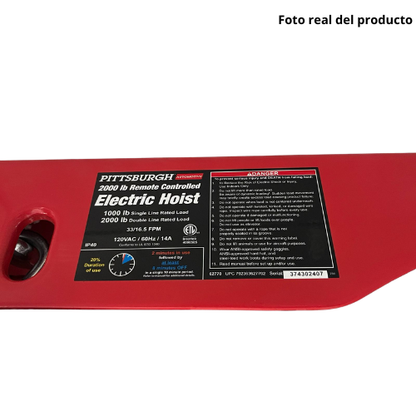 Winch Eléctrico 2000 lb 33 pies/min Control Remoto - Pittsburgh (Caja abierta)