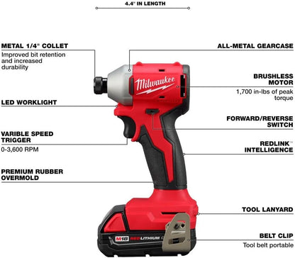 Kit Taladro + Atornillador de Impacto Milwaukee M18 Sin Escobillas 2 Baterías - 3692-22CT (Usado como nuevo)