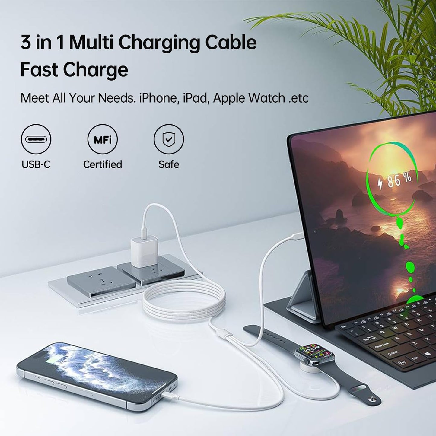 Cable 3 en 1 Apple Watch iPhone USB C 2m – ZHUDELE