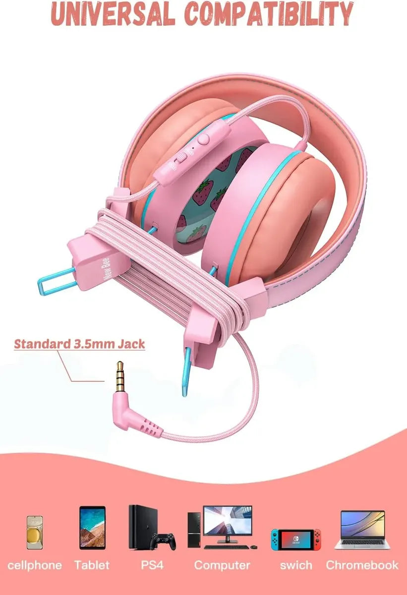 Audífonos Infantiles Alámbricos 3.5 Fresas Con Micrófono New Bee KH20