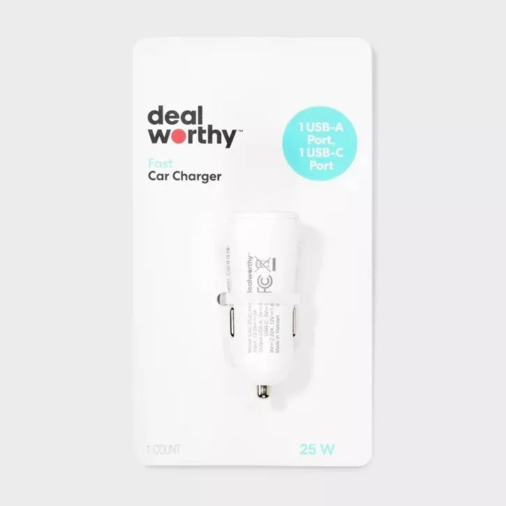 Cargador Rápido Para Auto 25W USB + USB-C - dealworthy