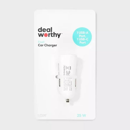 Cargador Rápido Para Auto 25W USB + USB-C - dealworthy