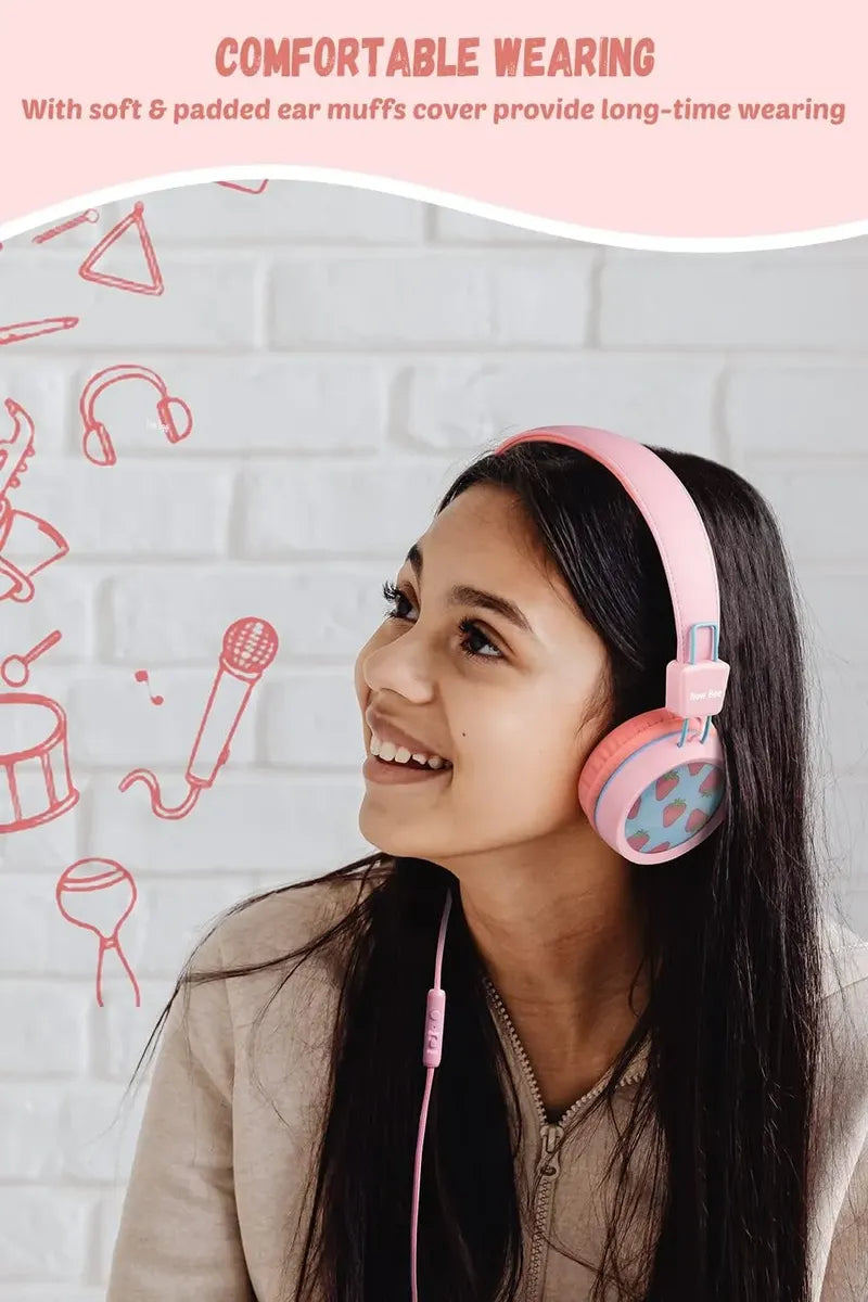 Audífonos Infantiles Alámbricos 3.5 Fresas Con Micrófono New Bee KH20