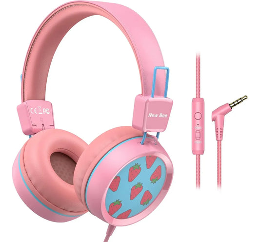 Audífonos Infantiles Alámbricos 3.5 Fresas Con Micrófono New Bee KH20