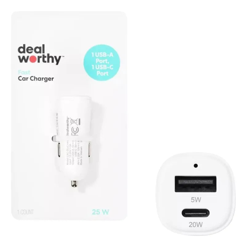 Cargador Rápido Para Auto 25W USB + USB-C - dealworthy