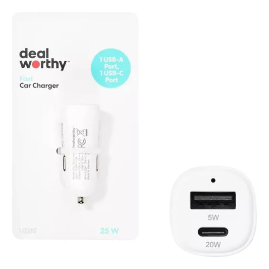 Cargador Rápido Para Auto 25W USB + USB-C - dealworthy