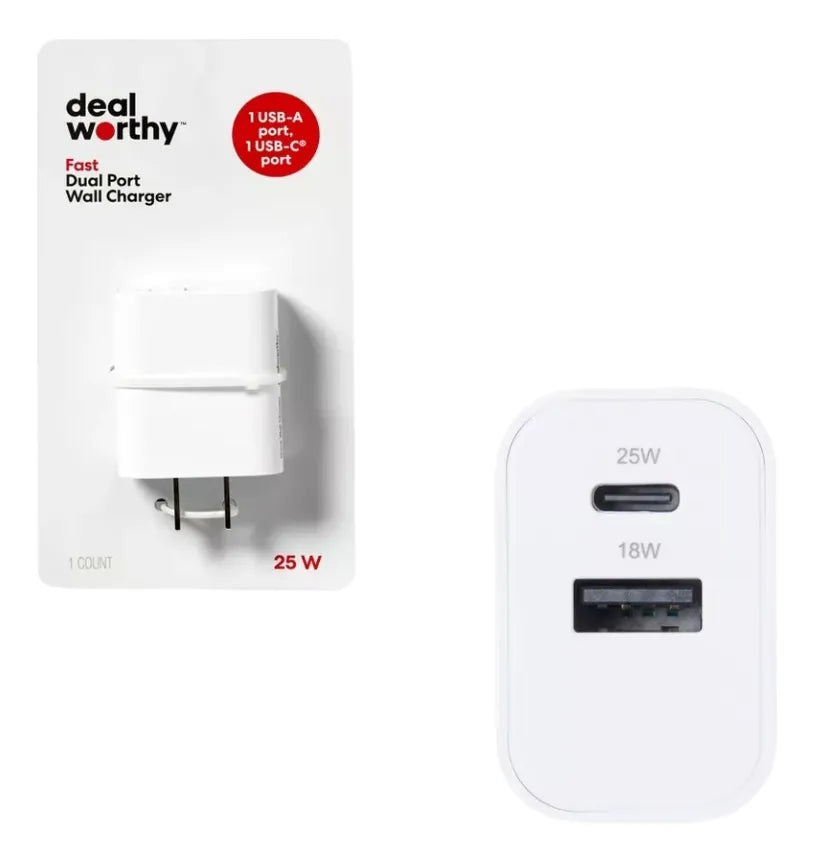 Cargador Rápido Pared 25W USB-A USB-C - dealworthy