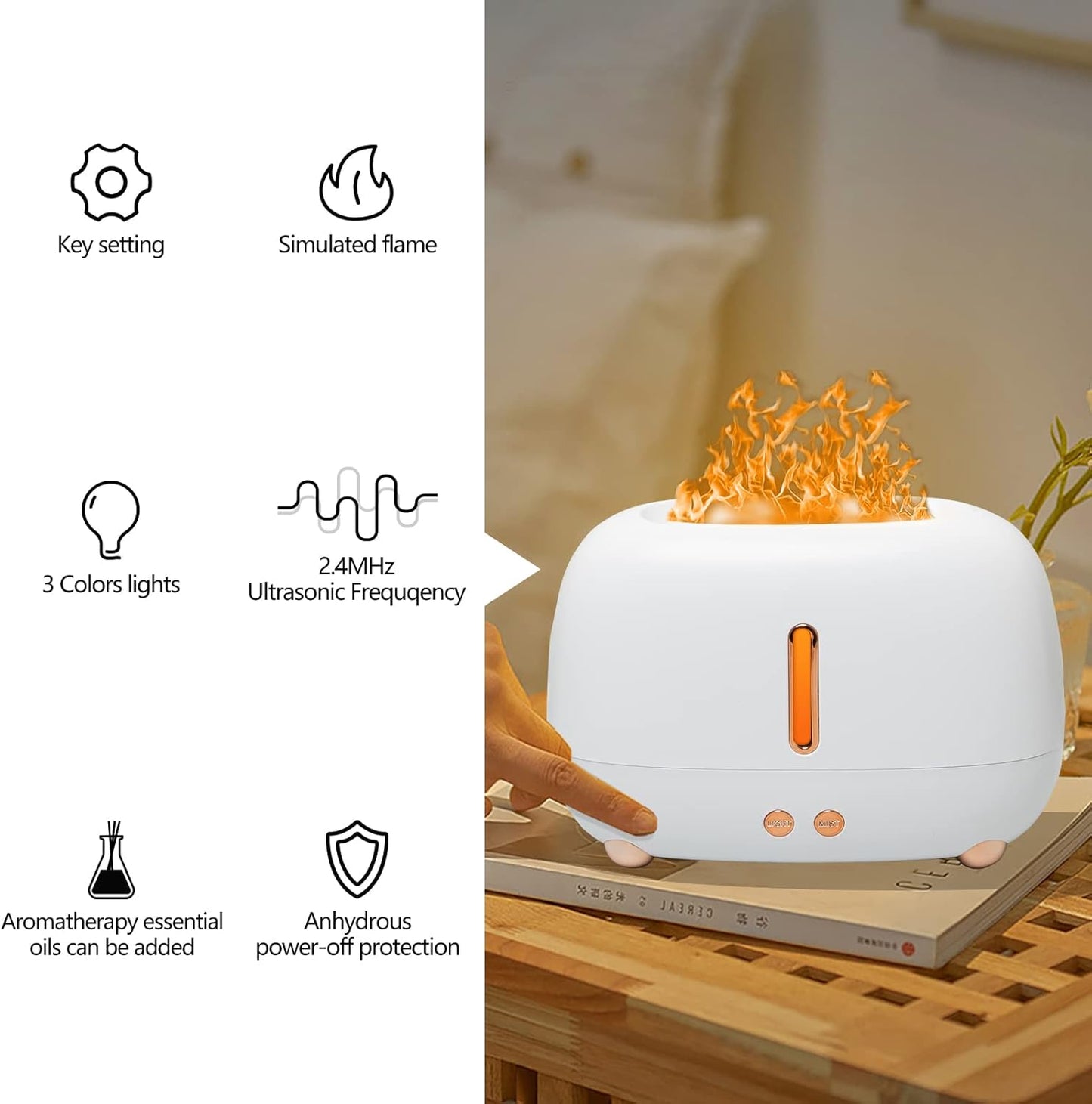 Humidificador Difusor con Efecto Llama LED 250ml - Blanco